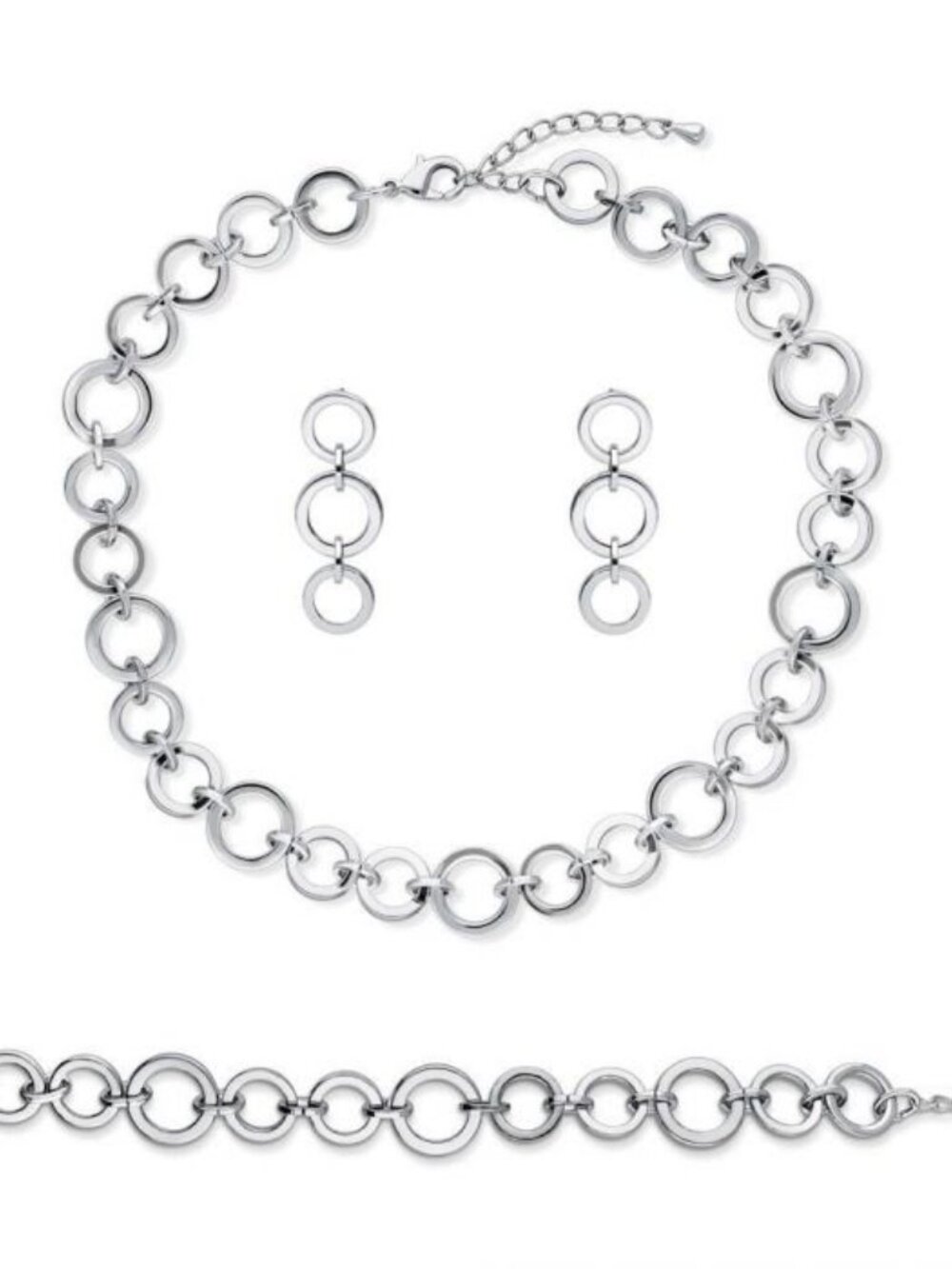 ✨ Silver-Tone Open Circle Statement Necklace, Earrings & Bracelet Set ✨